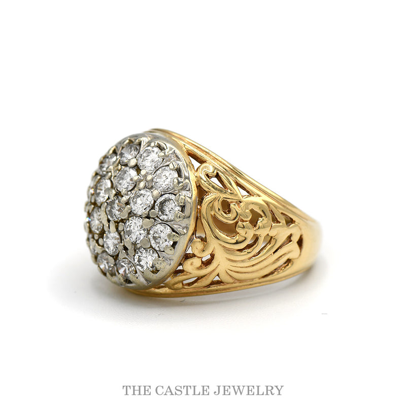 Side profile of the Kentucky cluster ring showing the pierced scroll shoulder and domed head