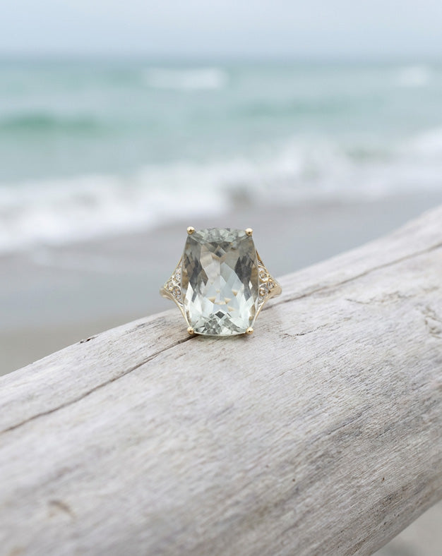 Elongated Cushion Aquamarine Ring with Diamond Accent Shoulders in 10k Yellow Gold