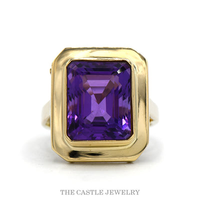14k yellow gold bezel set emerald cut amethyst ring — top view