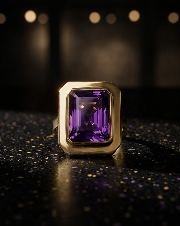 Bezel Set Emerald Cut Amethyst Ring with Stepped Octagonal Frame in 14k Yellow Gold
