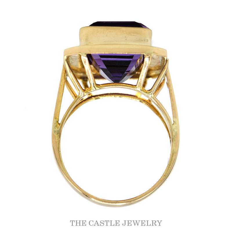 Front-facing view of the 14k yellow gold emerald cut amethyst ring