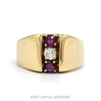 14k yellow gold men's vertical ruby and diamond ring — top view