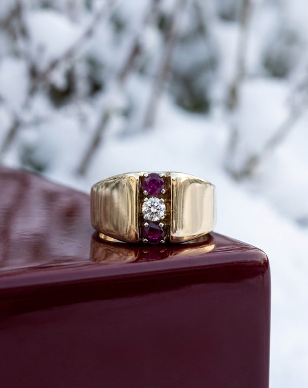 Men's Vertical Ruby and 0.33ct Diamond Ring with Polished Sides in 14k Yellow Gold