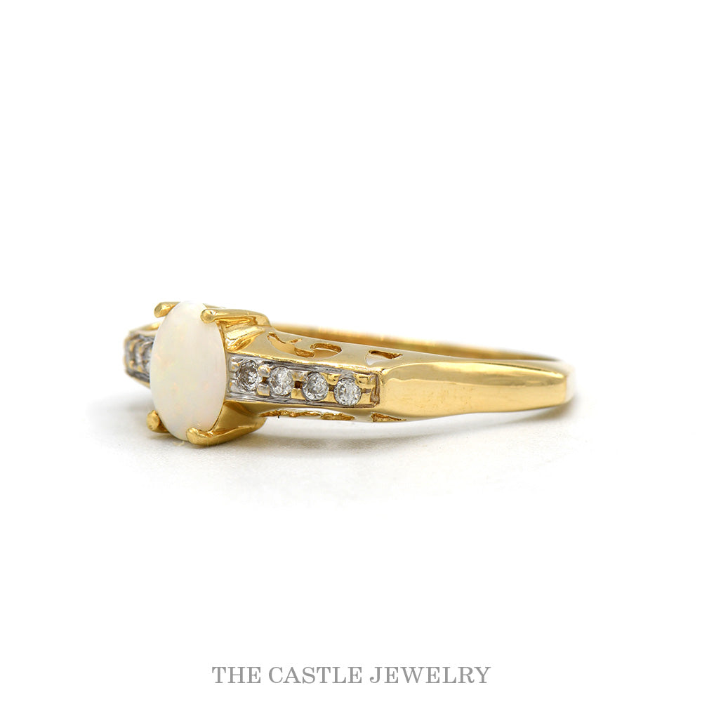 Oval Opal Ring with 0.12cttw Diamond Filigree Shoulders in 10k