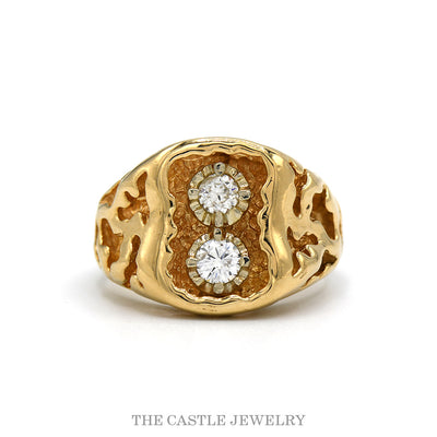 14k yellow gold nugget design ring with illusion set double diamonds — top view