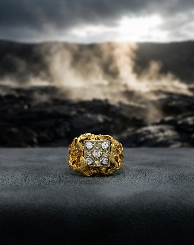 Men's 1/2cttw 5 Diamond Nugget Style Ring with Square Top in 14k Yellow Gold