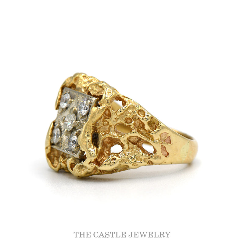Side profile of the 5 diamond nugget style ring showing the pierced texture