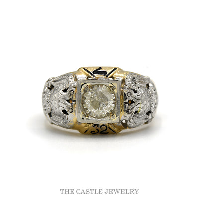 Scottish Rite 32nd degree Masonic ring with 1ct diamond and white gold double eagles — top view