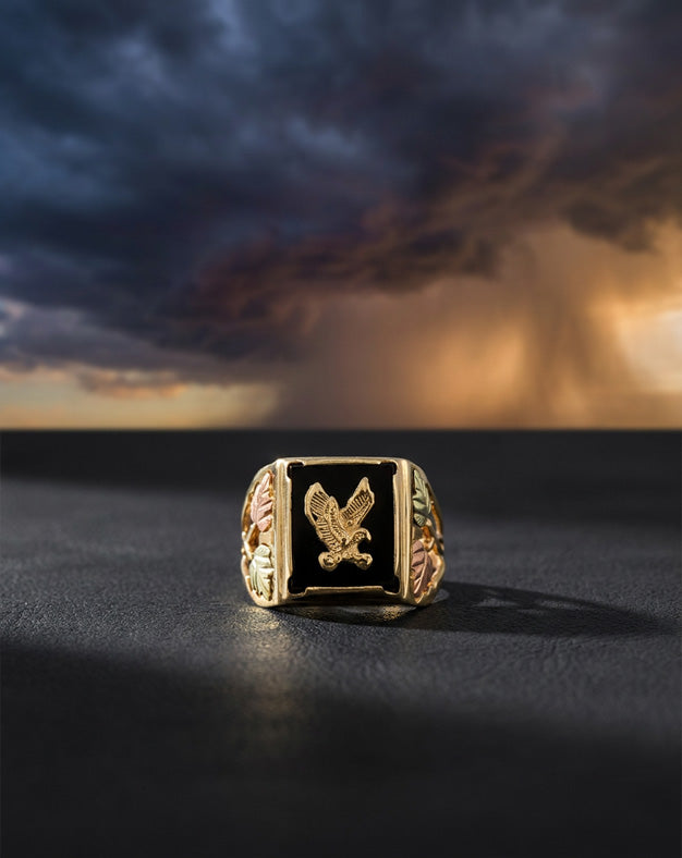 Square Black Onyx Eagle Ring with Green and Rose Gold Leaves in 10k Tri Gold