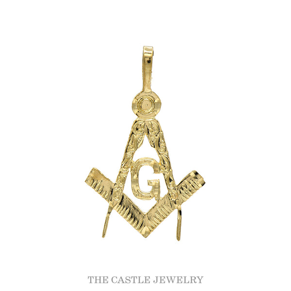 10k yellow gold Masonic square and compass pendant with letter G — front view