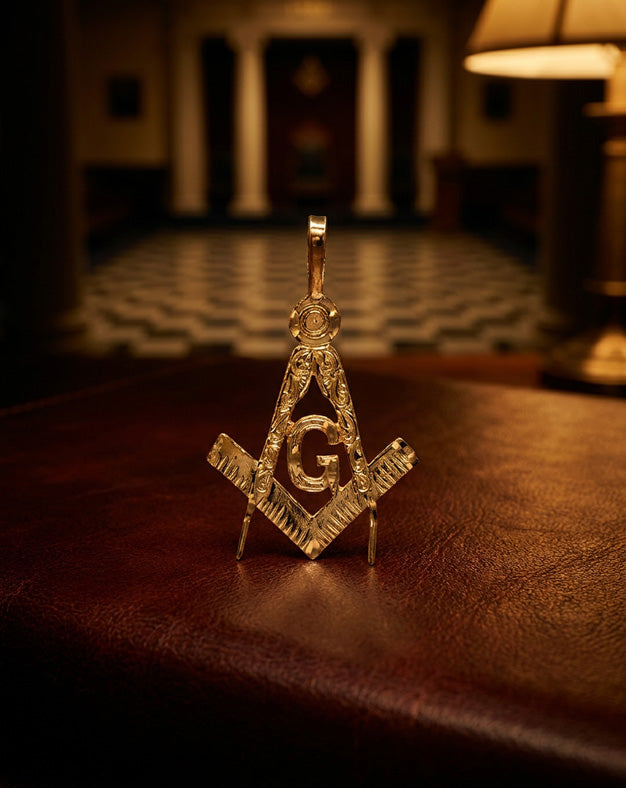 Square & Compass Masonic Pendant with Letter G in 10k Yellow Gold