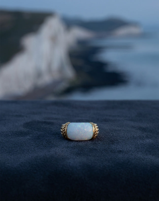 Dome Shaped Opal Ring with Rope and Ridged Sides in 10k Yellow Gold