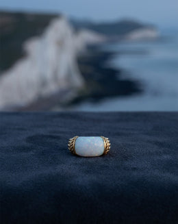 Dome Shaped Opal Ring with Rope and Ridged Sides in 10k Yellow Gold