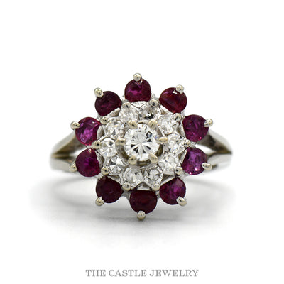 14k white gold round diamond flower cluster ring with ruby halo — top view