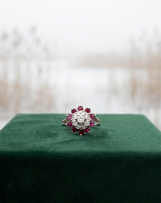Ruby Halo Flower Cluster Ring with Round Diamond Center in 14k White Gold