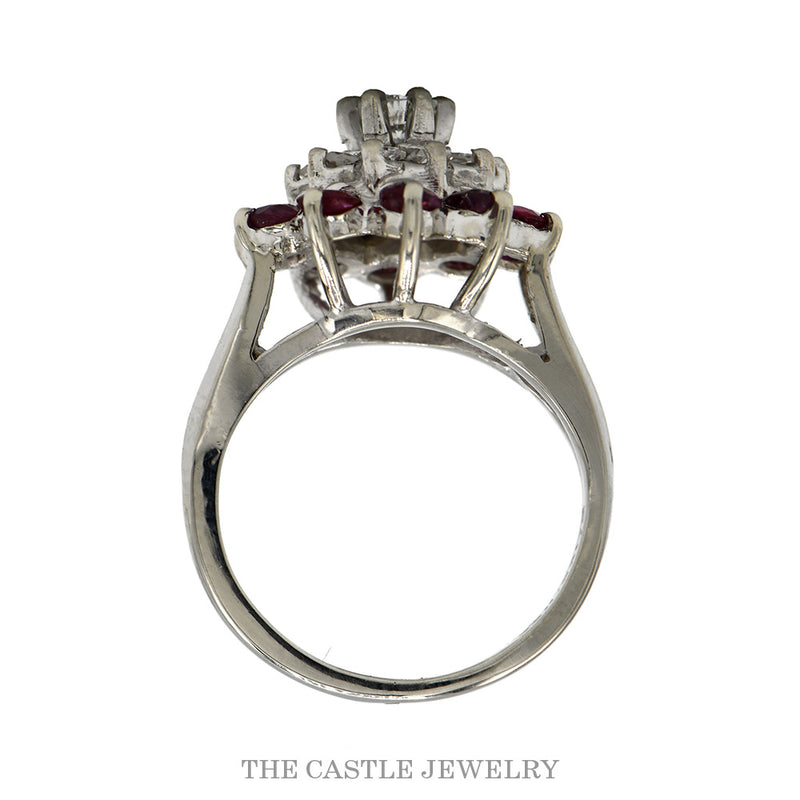Front-facing view of the diamond flower cluster ring with a ruby halo in 14k white gold