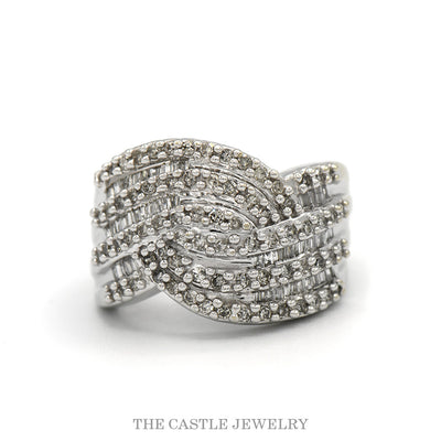 Wide woven crossover band with alternating rows of round and baguette diamonds, 1cttw, in 14k white gold — top view
