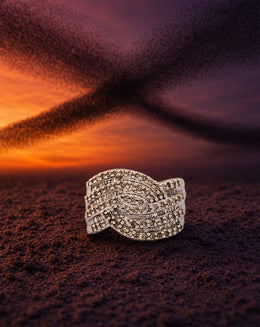 Wide Woven Crossover Band with Alternating Rows of Round and Baguette Diamonds, 1cttw, in 14k White Gold