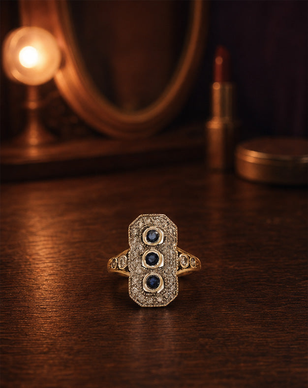 .38cttw Diamond Shield Ring with Three Bezel-Set Sapphires in 10k Two-Tone Gold