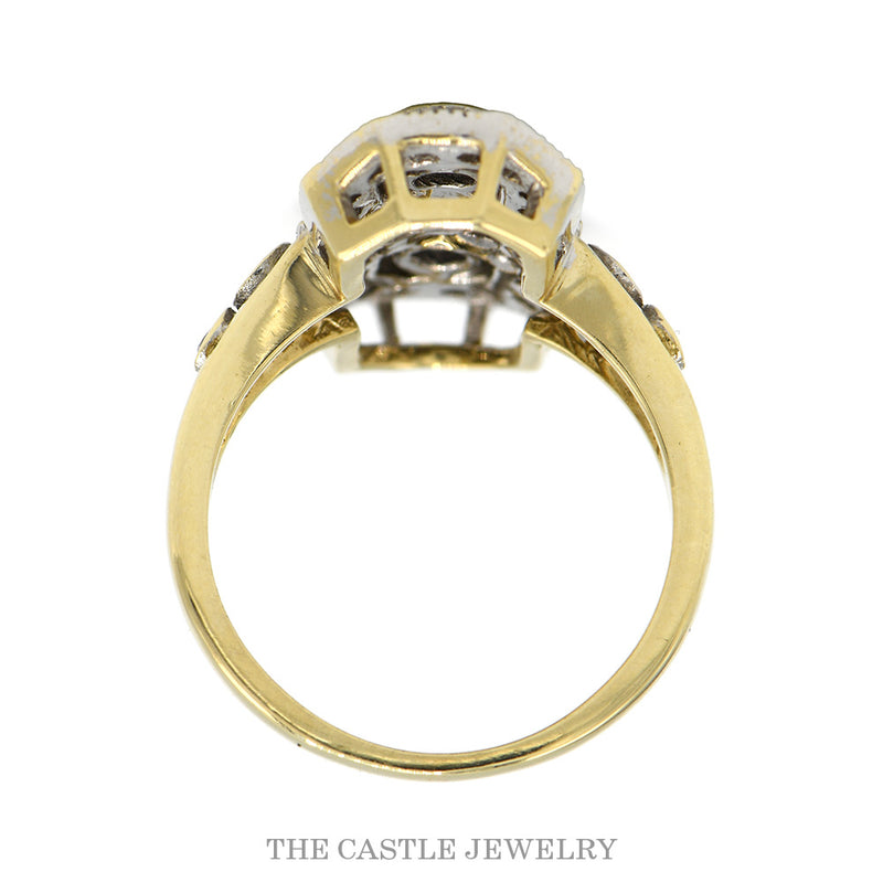 Front-facing view of the three sapphire shield ring in 10k two-tone gold