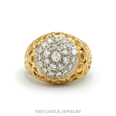 1cttw diamond Kentucky cluster ring with floral filigree sides in 14k yellow gold — top view