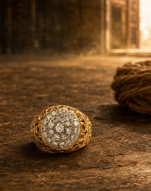 1cttw Diamond Kentucky Cluster Ring with Floral Filigree Sides in 14k Yellow Gold