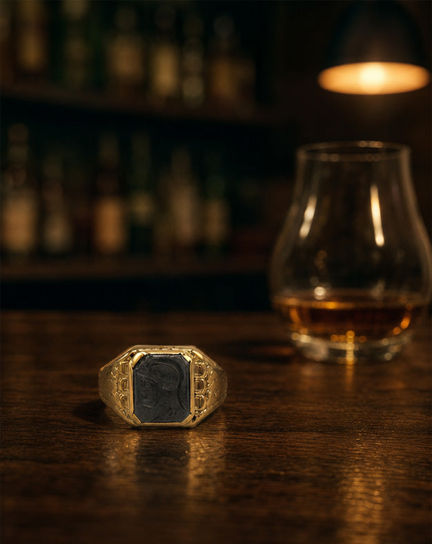Men's Black Intaglio Ring with Fancy Engraved Shoulders in 10k Yellow Gold