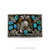 Sterling silver bear belt buckle with silver-capped claws, nugget turquoise, arrowheads and feathers — front - Thumbnail 1