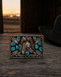 Bear Belt Buckle with Capped Claws and Nugget Turquoise in Sterling Silver