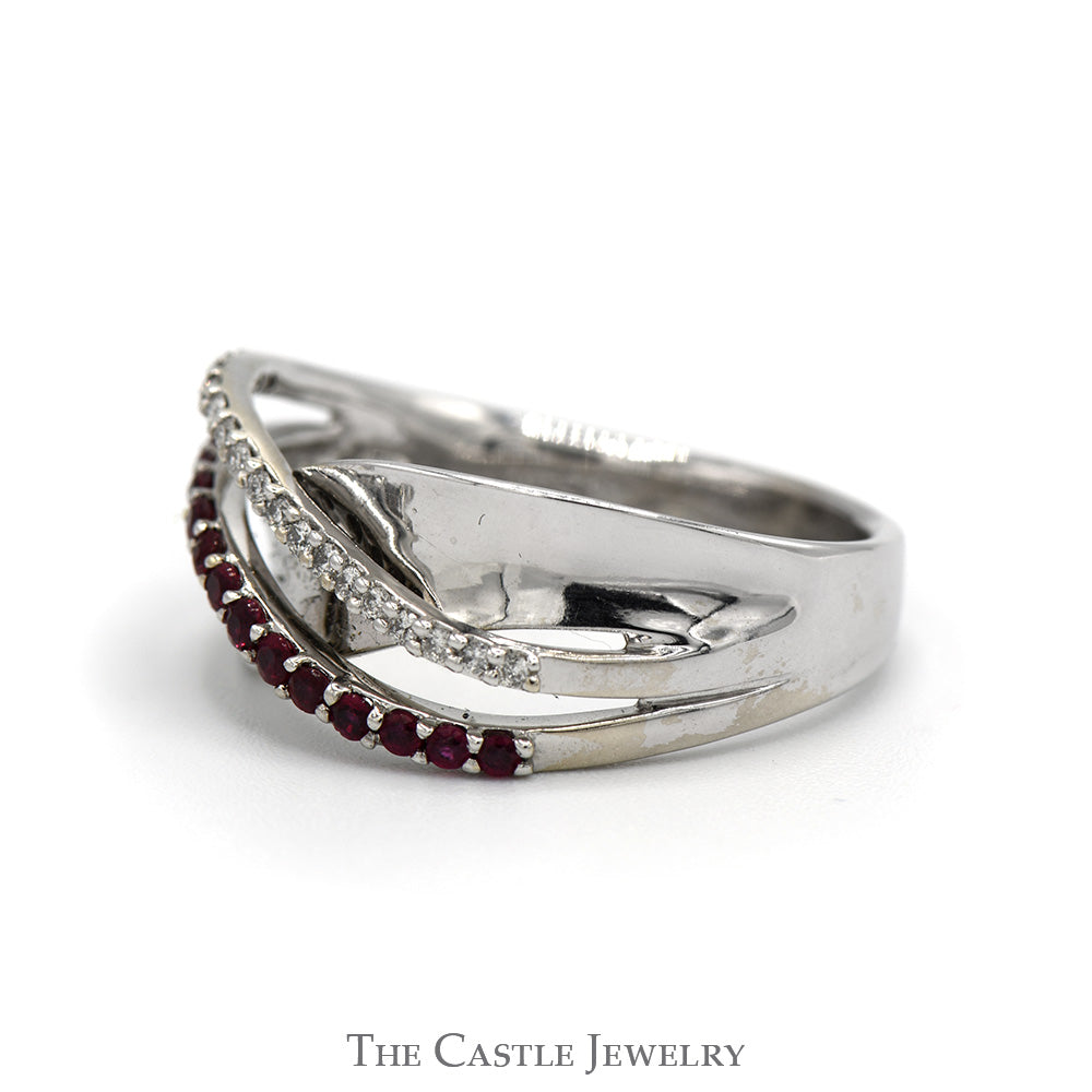 Ruby & Diamond Curved Crossover Designed Ring in 14k White Gold