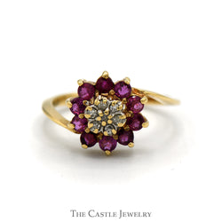 Ruby & Diamond Flower Cluster Ring in 10k Yellow Gold Bypass Setting