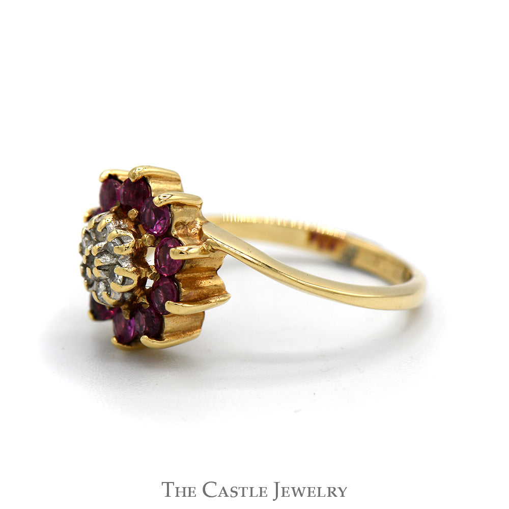 Ruby & Diamond Flower Cluster Ring in 10k Yellow Gold Bypass Setting