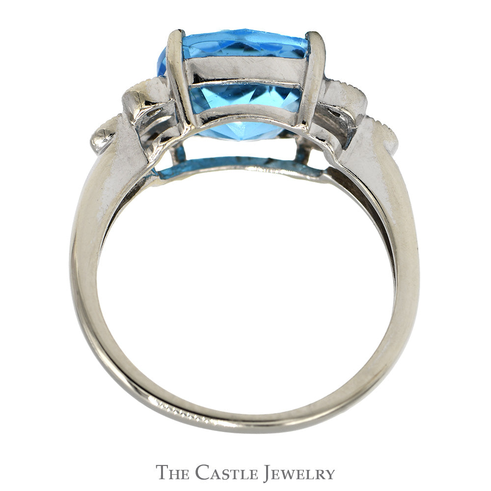 Cushion Cut Blue Topaz Ring with Diamond Cluster Accents in 14k White Gold