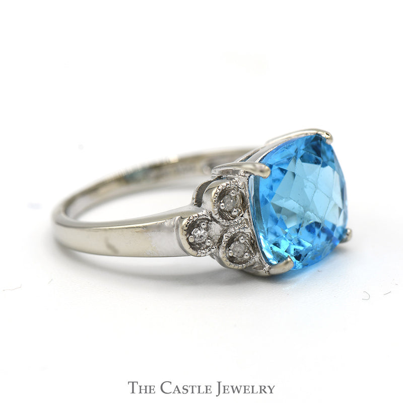 Cushion Cut Blue Topaz Ring with Diamond Cluster Accents in 14k White Gold