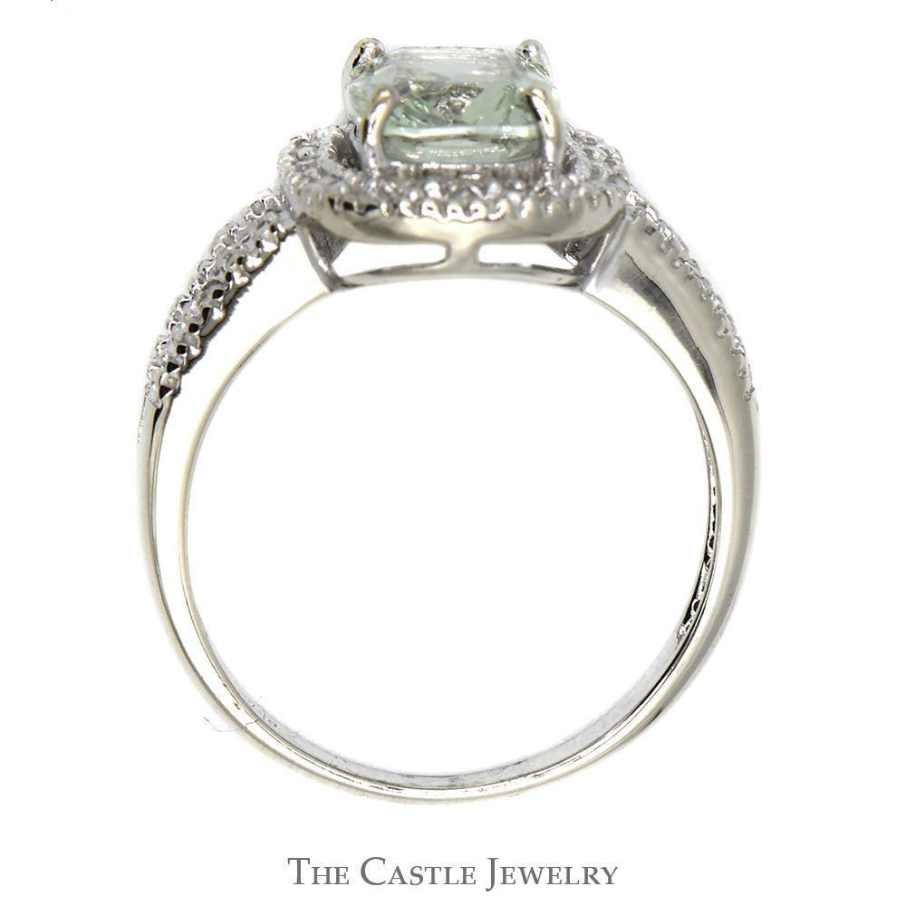 Cushion Cut Green Quartz Ring with Diamond Halo and Accents in 10k White Gold