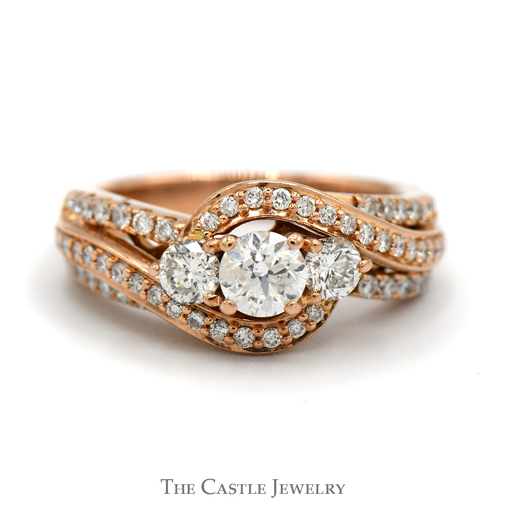1cttw DeBeers Style 3 Stone Diamond Ring with Accented Bypass Design in 14k Rose Gold
