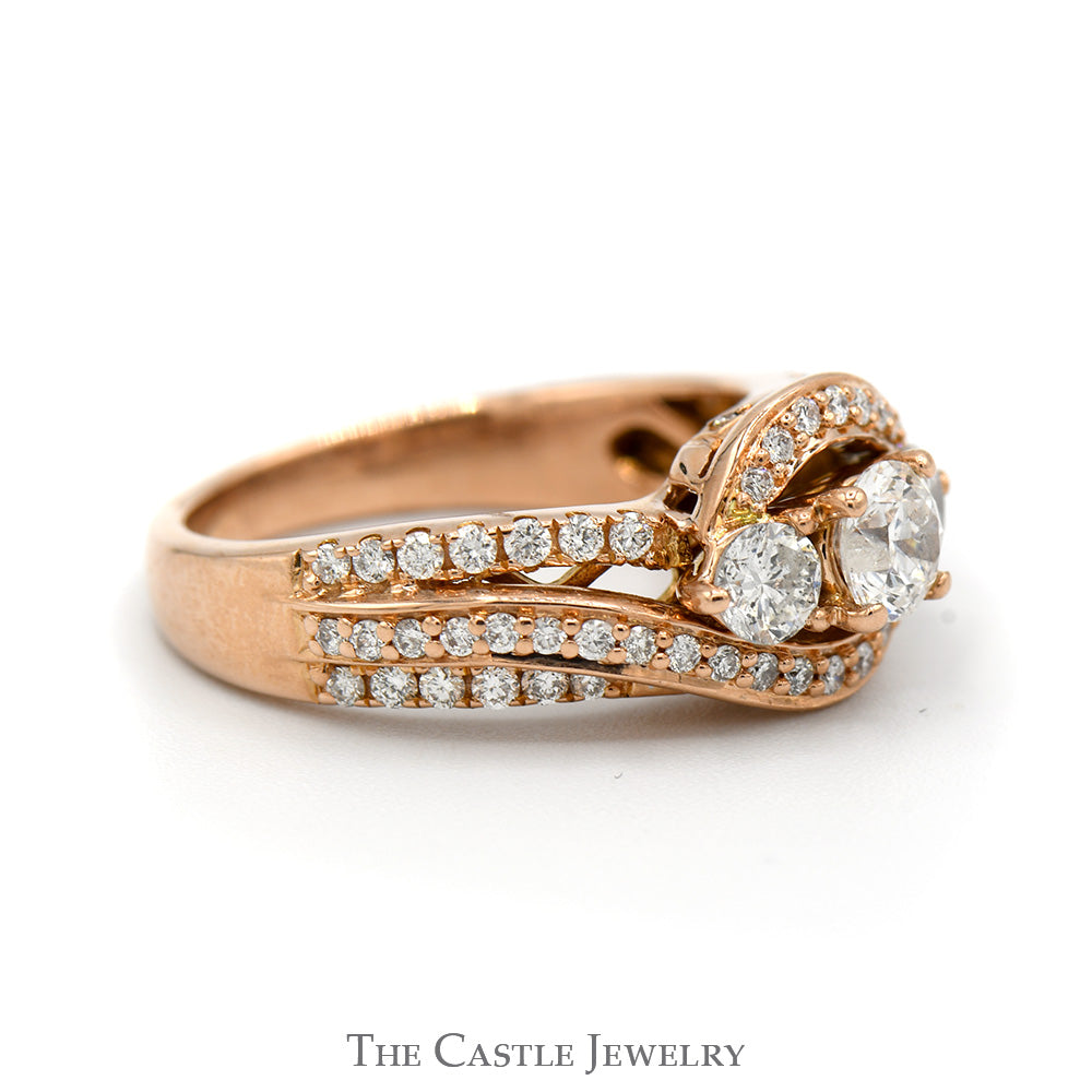 1cttw DeBeers Style 3 Stone Diamond Ring with Accented Bypass Design in 14k Rose Gold
