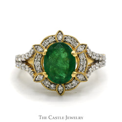 2.25ct Oval Emerald Vintage Ring with Diamond Halo and Accented Split Shank Sides in 14k Yellow Gold