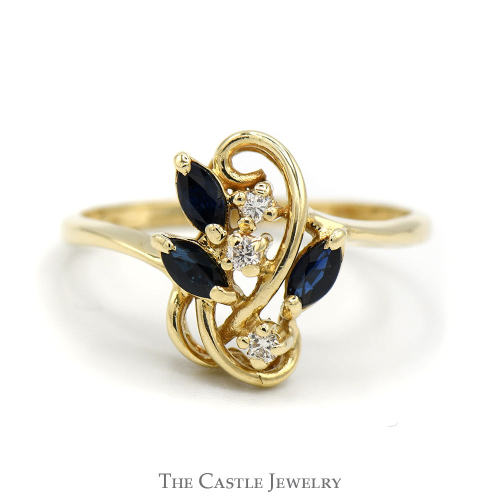 Triple Marquise Sapphire and Round Diamond Cluster Ring in 14k Yellow Gold