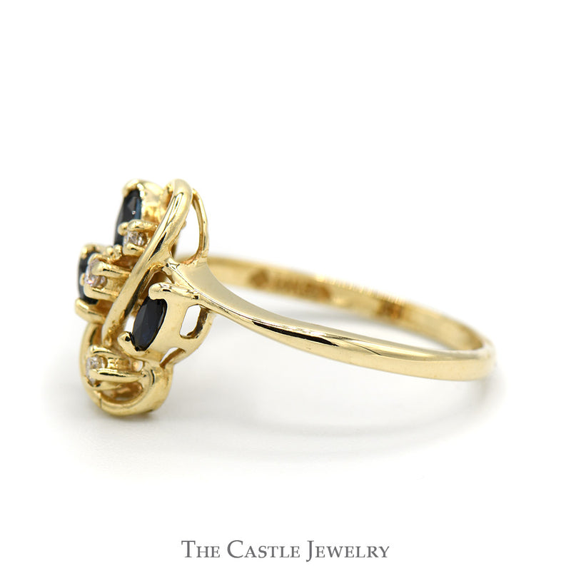 Triple Marquise Sapphire and Round Diamond Cluster Ring in 14k Yellow Gold