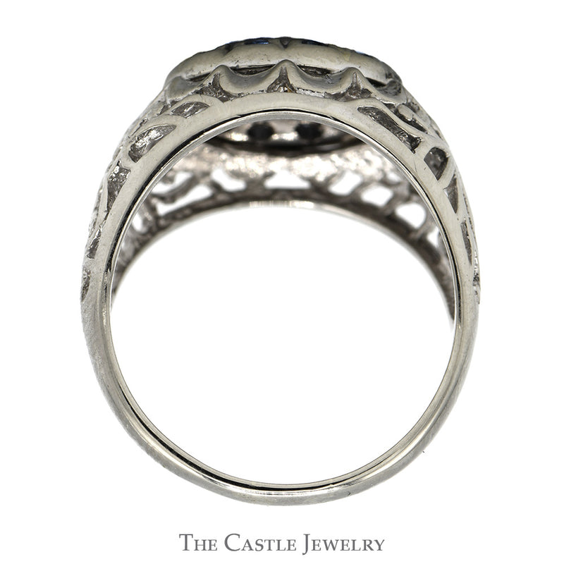 Sapphire & Diamond Kentucky Cluster Ring with Open Filigree Sides in 10k White Gold