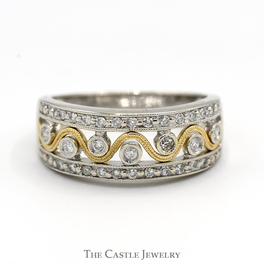 1/3cttw Diamond Band with Wavy Two Tone Design in 14k White and Yellow Gold
