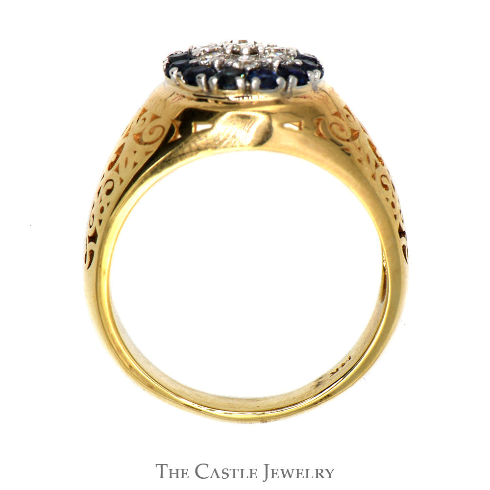 Sapphire and Diamond Kentucky Cluster Ring with Open Filigree Sides in 14k Yellow Gold
