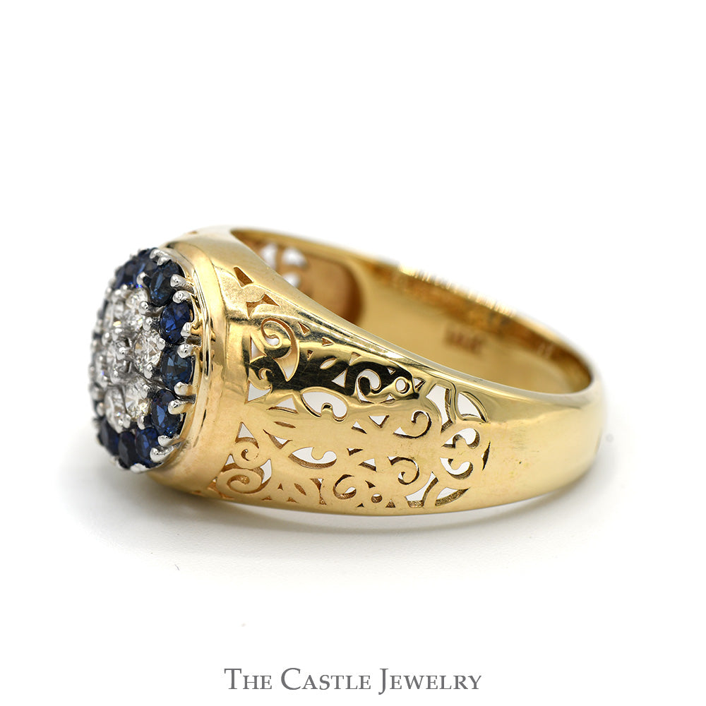 Sapphire and Diamond Kentucky Cluster Ring with Open Filigree Sides in 14k Yellow Gold