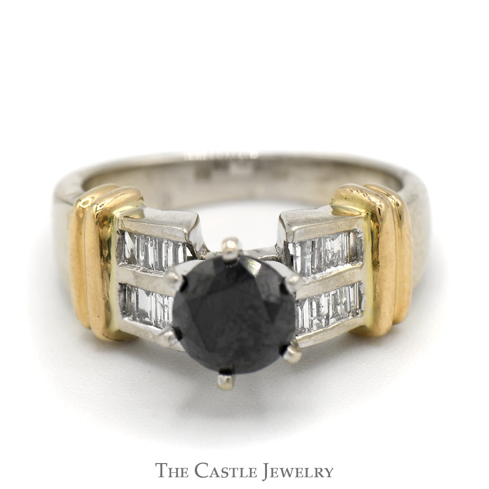 Black Diamond Ring with Baguette Diamond Accents in 14k White Gold Setting with Yellow Gold Bar Accents