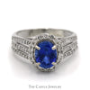 Oval Cut Created Sapphire Ring with Diamond Halo and Accents in 14k White Gold - Thumbnail 1