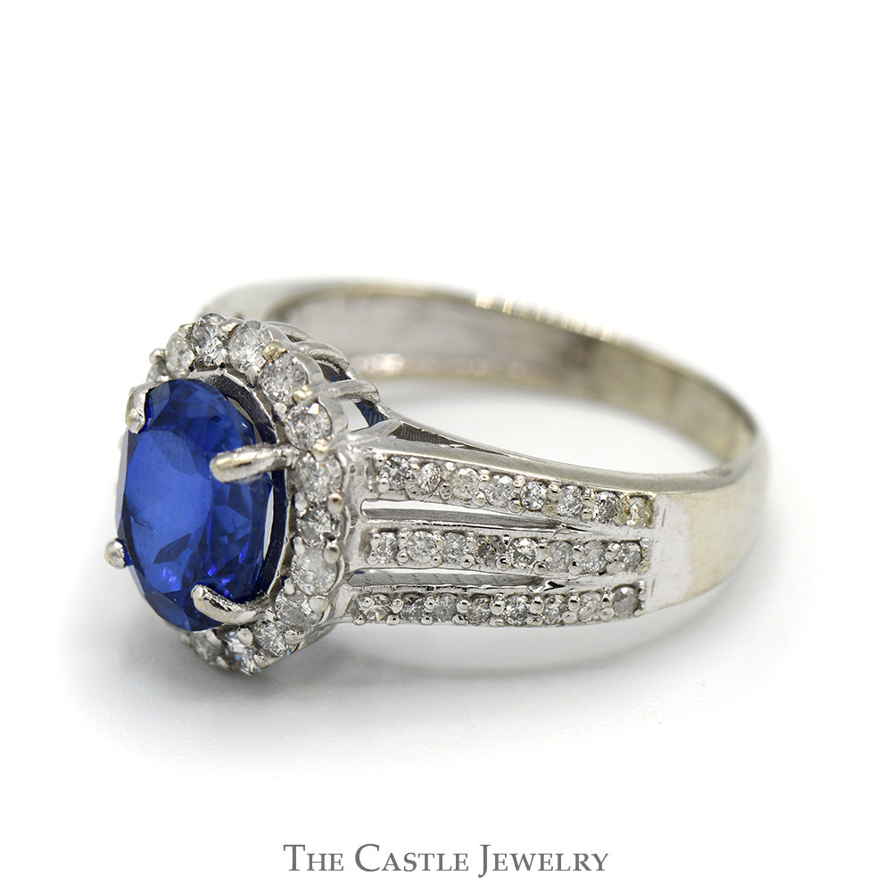 Oval Cut Created Sapphire Ring with Diamond Halo and Accents in 14k White Gold