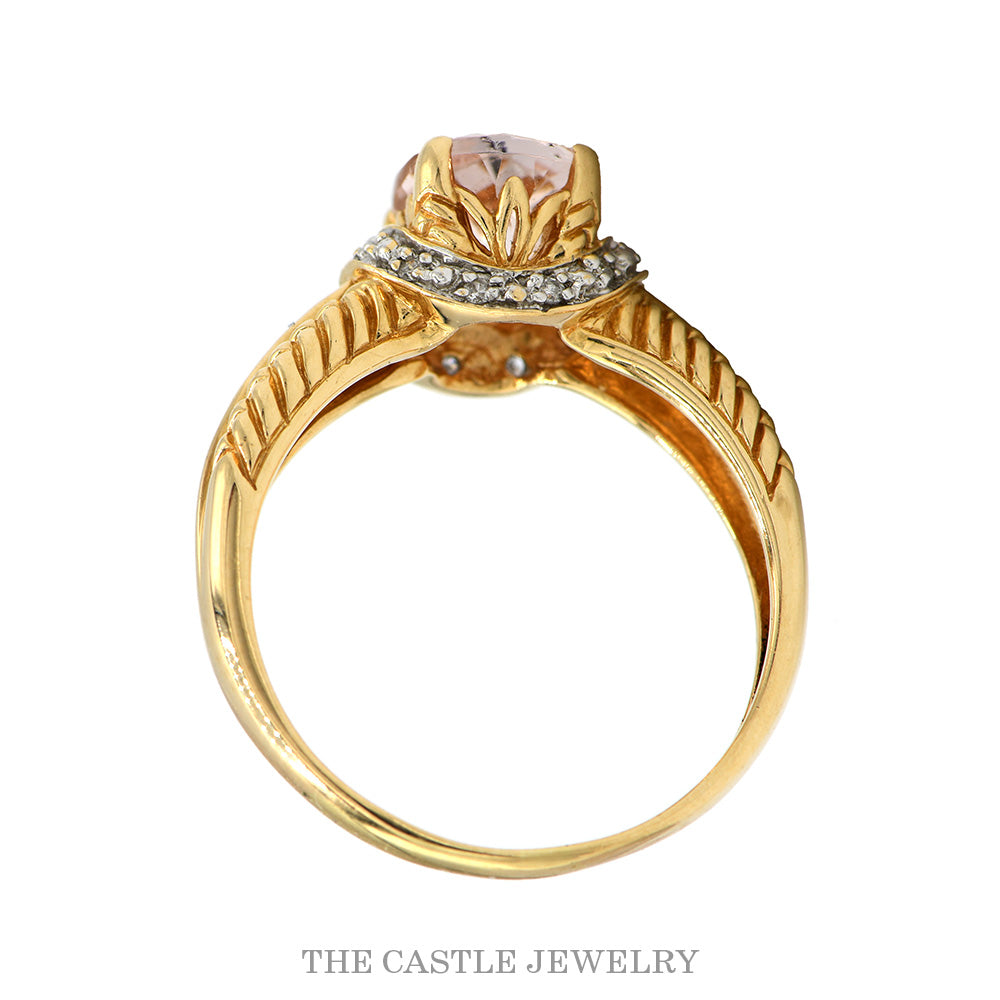 14K Yellow Gold Oval Morganite Ring Diamond Accents Vintage Design