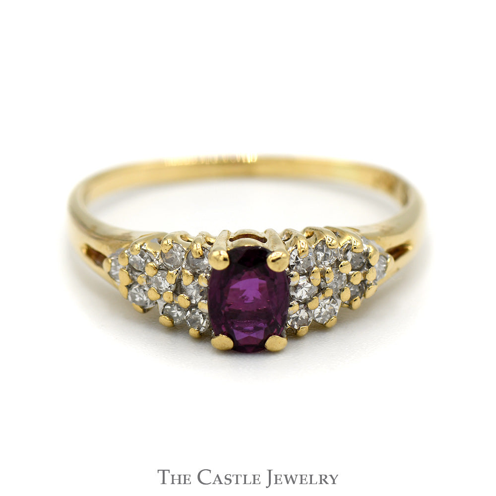 Oval Ruby Ring with Diamond Cluster Accents in 14k Yellow Gold