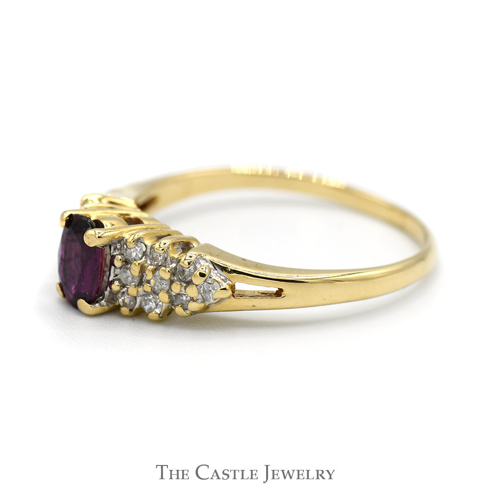 Oval Ruby Ring with Diamond Cluster Accents in 14k Yellow Gold